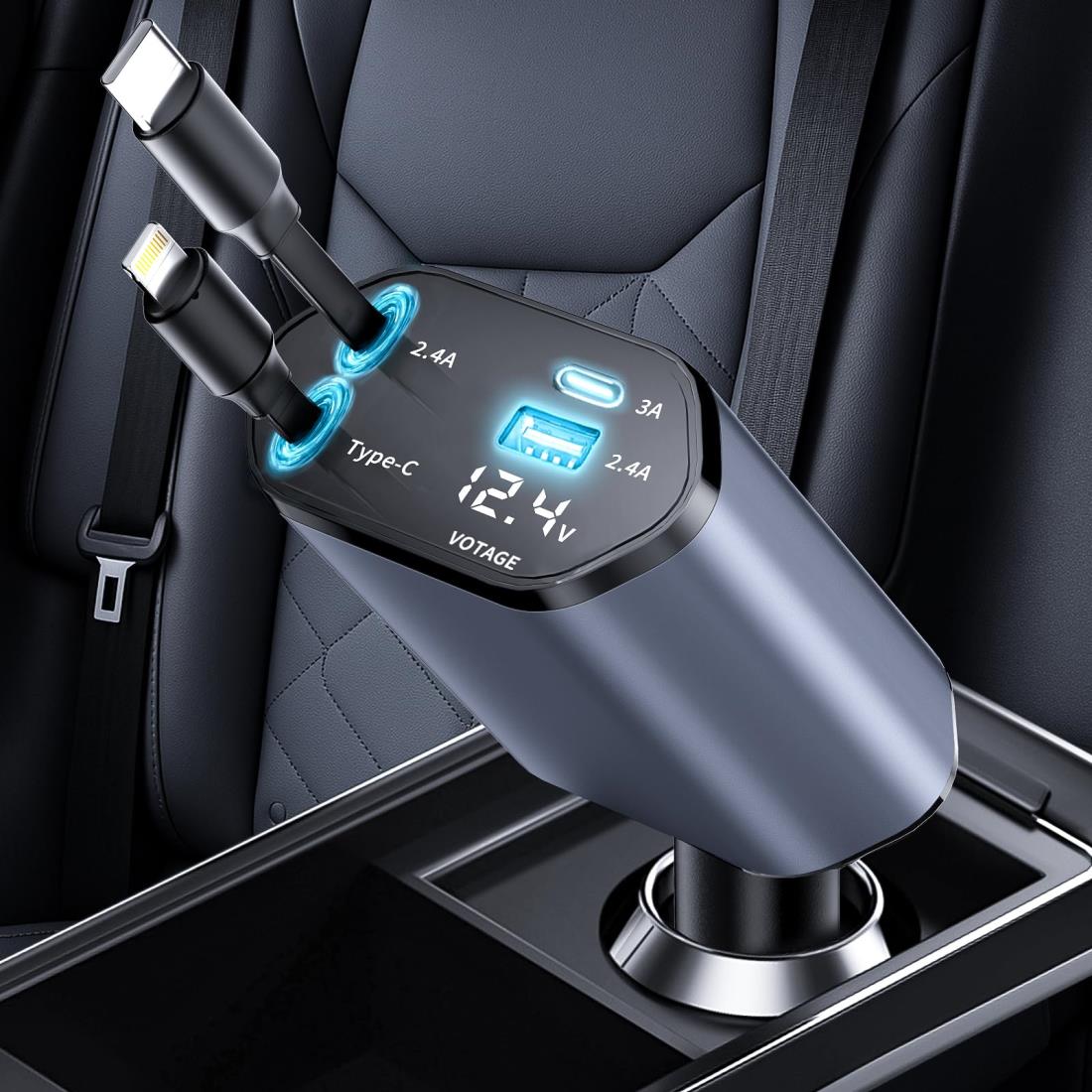 【 新進化 4in1車載充電器】車 充電器 【巻き取り式】シガーソケット 充 電器 カーチャージャー 巻き取り式充電ケーブル Type-C100W/20W急速充 電 iPhone16/15/14/13/12, Galaxy S22/S21 UItra, Xperia, iPad, AQUOSなど LED表示電圧 DC12-24V車対応