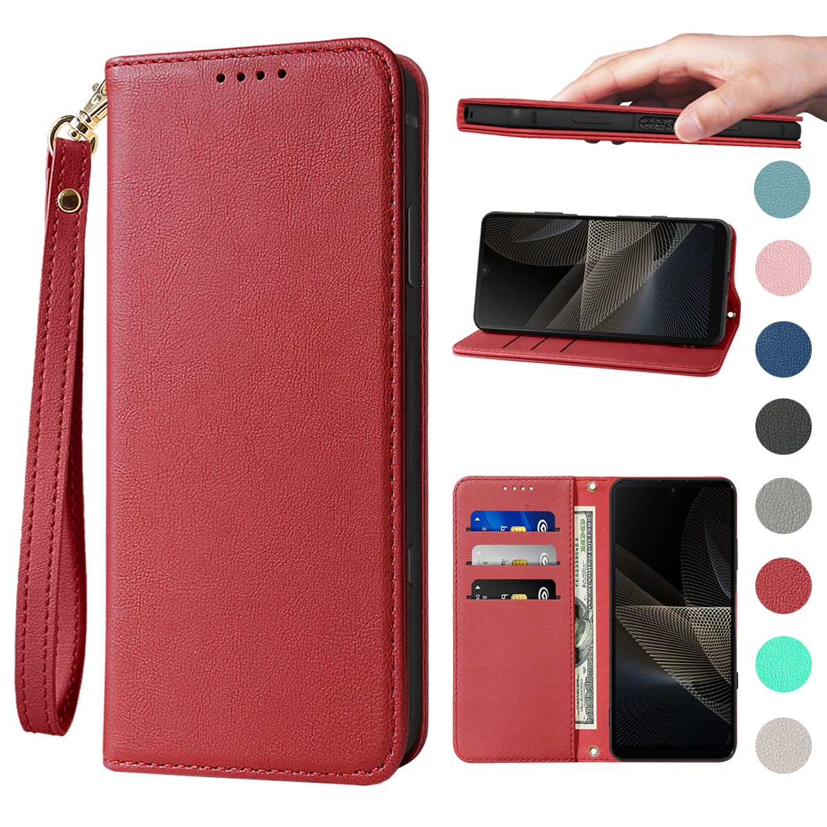 AQUOS Wish 3 ケース 手帳型 レザー SH-53D ケース A302SH 携帯カバー 皮革 Wish 3 ケース 耐衝撃 内蔵マグネット開閉式 ベルトなし スマホケース おしゃれ カードポケット スタンド機能 便利 スプラット同梱 レッド