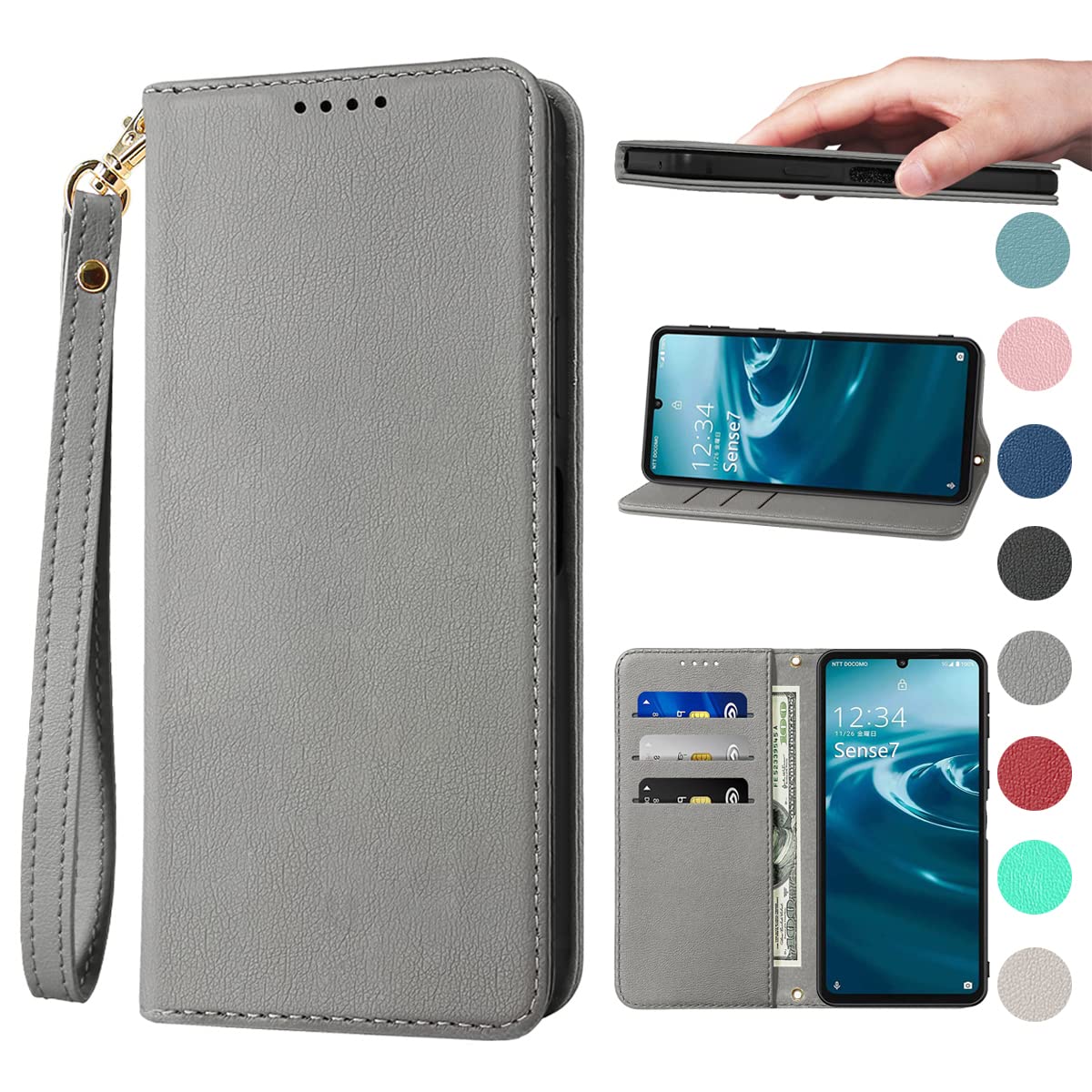 Sense7 ケース 手帳型 高質PUレザー SH-53C ケース SHG10 ケース AQUOS Sense7 カバー シャープ センス7 ケース Sense7 携帯ケース 耐衝撃 内蔵マグネット開閉式 ベルトなし スマホケース おしゃれ カードポケット スタンド機能 便利 スプラット同梱 携帯ケース グレー