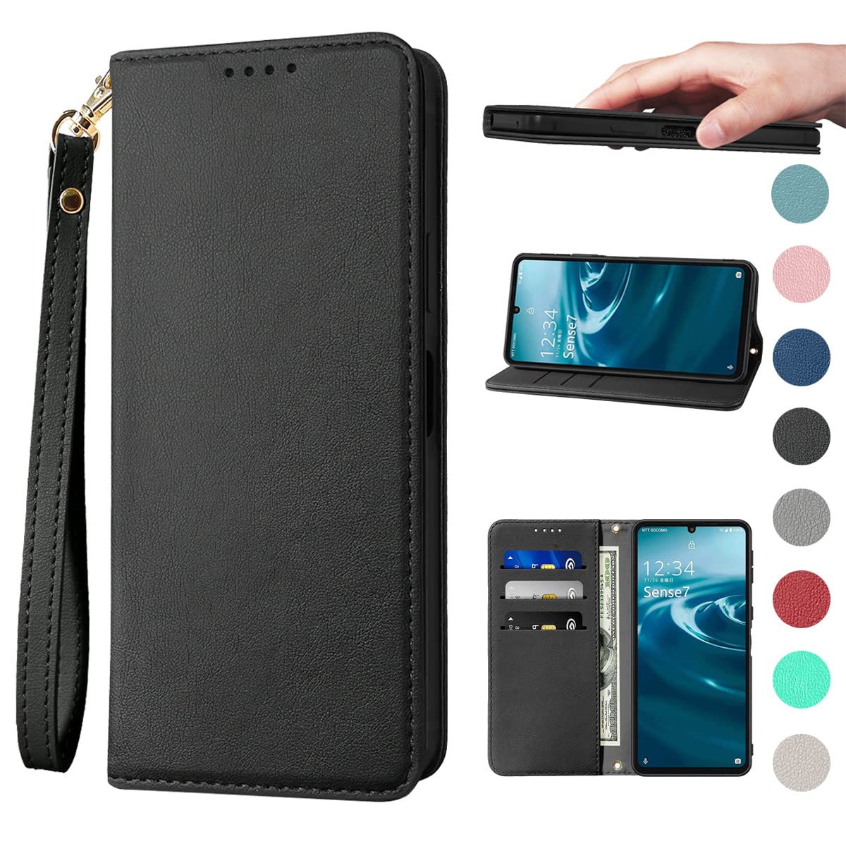 Sense7 ケース 手帳型 高質PUレザー SH-53C ケース SHG10 ケース AQUOS Sense7 カバー シャープ センス7 ケース Sense7 携帯ケース 耐衝撃 内蔵マグネット開閉式 ベルトなし スマホケース おしゃれ カードポケット スタンド機能 便利 スプラット同梱 携帯ケース ブラック