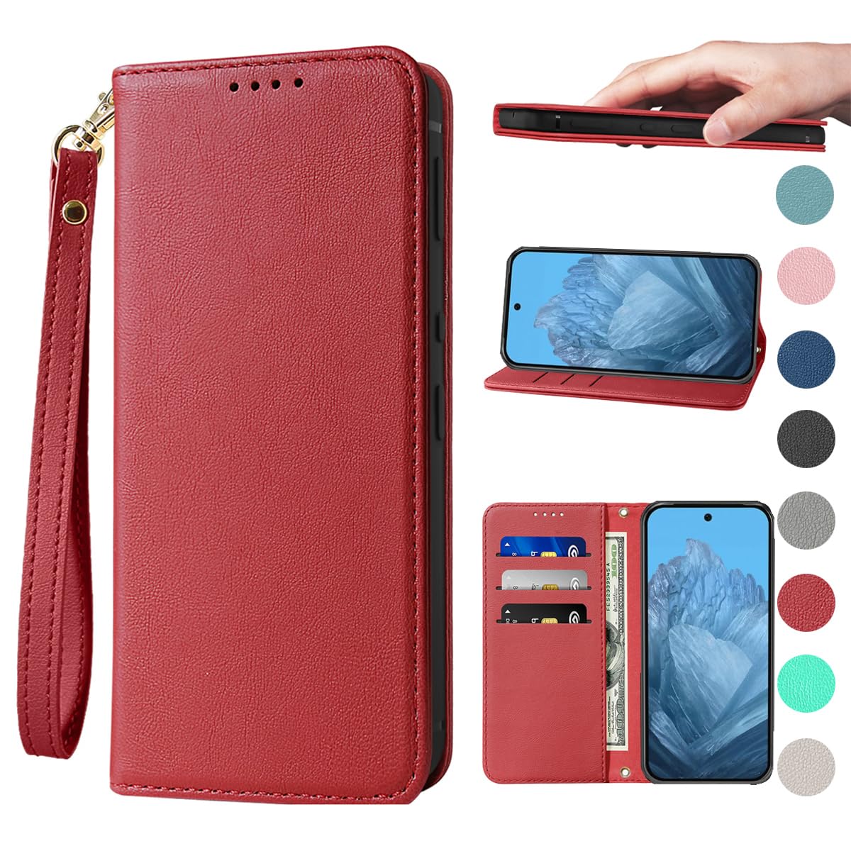 Google Pixel 9 pro XL ケース 手帳型 高質PUレザー Pixel 9 pro XL カバー Pixel 9 pro XL ケース 耐衝撃 内蔵マグネット開閉式 ベルトなし スマホケース おしゃれ カードポケット スタンド機能 便利 スプラット同梱 携帯ケース レッド