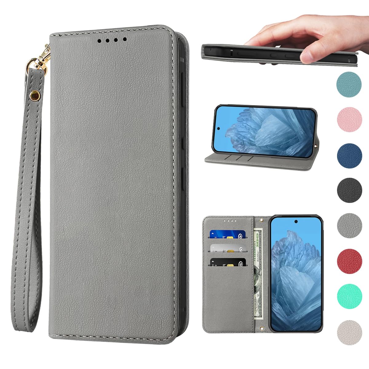 Google Pixel 9 ケース 手帳型 高質PUレザー Pixel 9/Pixel 9Pro カバー Pixel 9 ケース 耐衝撃 内蔵マグネット開閉式 ベルトなし スマホケース おしゃれ カードポケット スタンド機能 便利 スプラット同梱 携帯ケース グレー