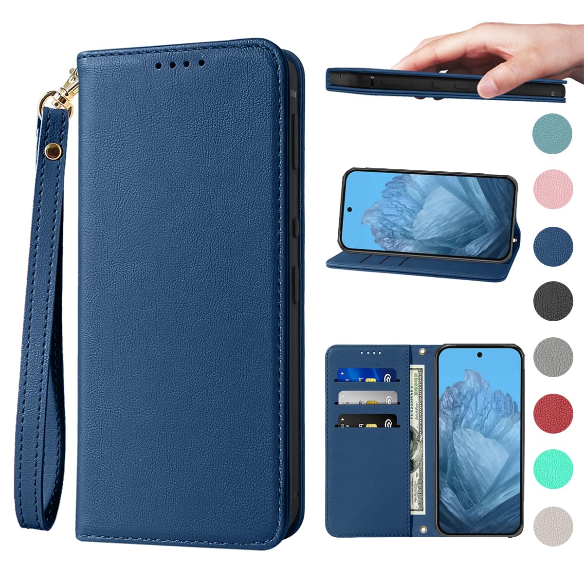 Google Pixel 9 pro XL ケース 手帳型 高質PUレザー Pixel 9 pro XL カバー Pixel 9 pro XLケース 耐衝撃 内蔵マグネット開閉式 ベルトなし スマホケース おしゃれ カードポケット スタンド機能 便利 スプラット同梱 携帯ケース ブルー