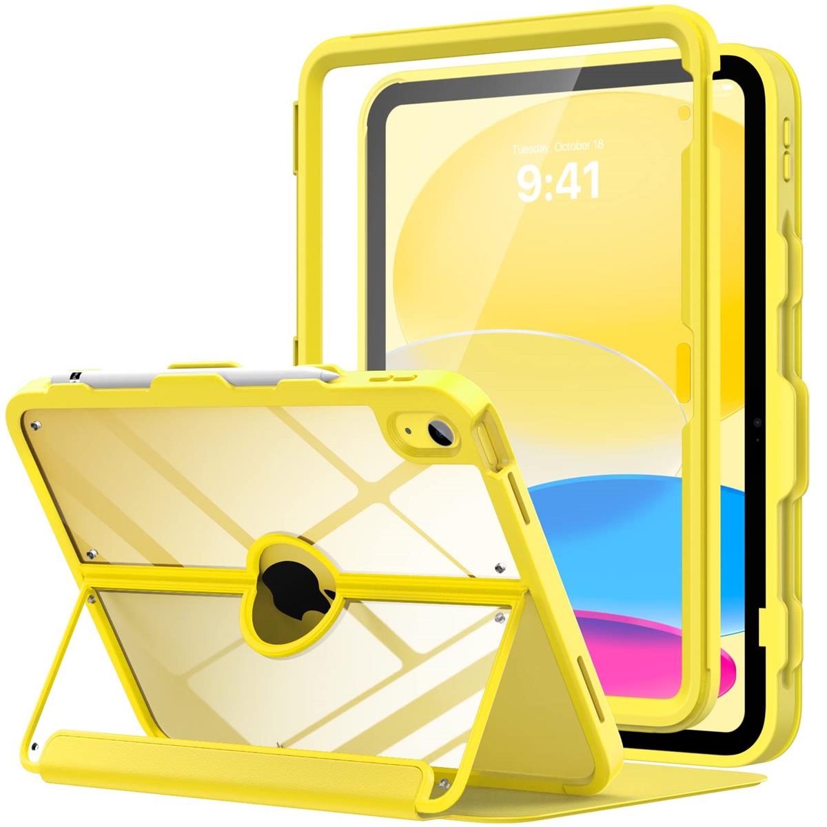 MoKo iPad 第11世代 (A16) ケース 20 25 iPad 第10世代 20 22 アイパッド 11/10世代 11/10.9インチ 手帳型 全面保護 耐衝撃 フィルム付き ペンシル収納 前置きスタンド オートスリープ対応 高級PUレザー外装 PC製シェルケース 傷つき/汚れ防止 Yellow