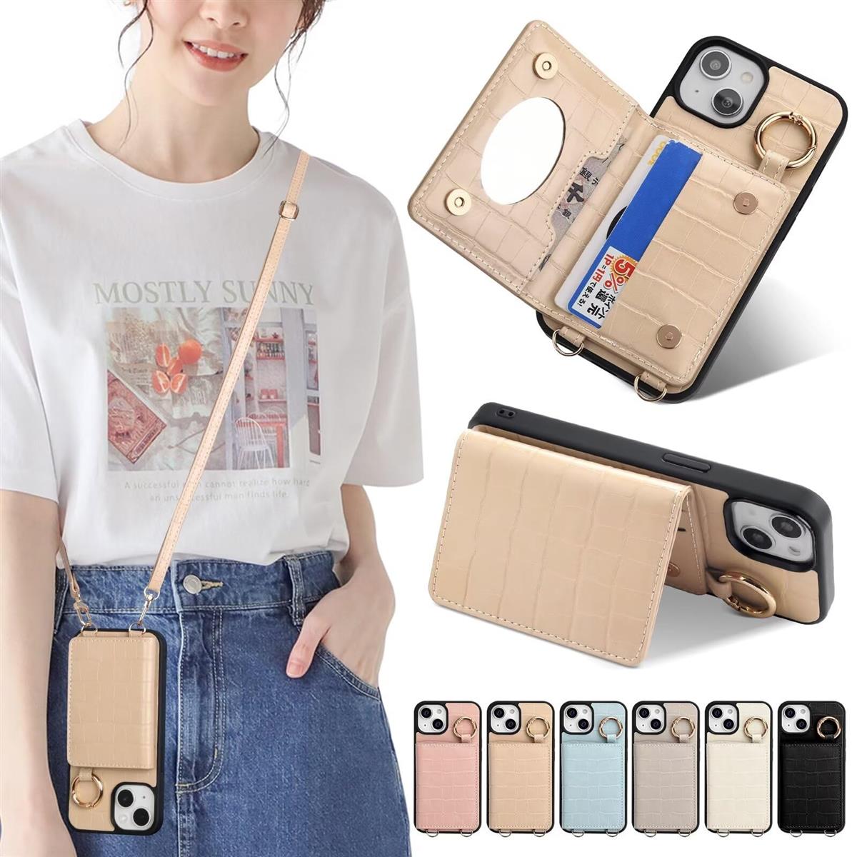 Sences iPhone 13 スマホケース iPhone 13 ケース 手帳型 ショルダー クロコ風型押し アイフォン 13 スマホケース 手帳型 カード収納 iPhone 13 携帯ケース 手帳型 肩掛け 斜めかけ ストラップ付き アイフォン 13 ケース カード入れ 背面収納 携帯ケース 手帳 お財布付 ポケ