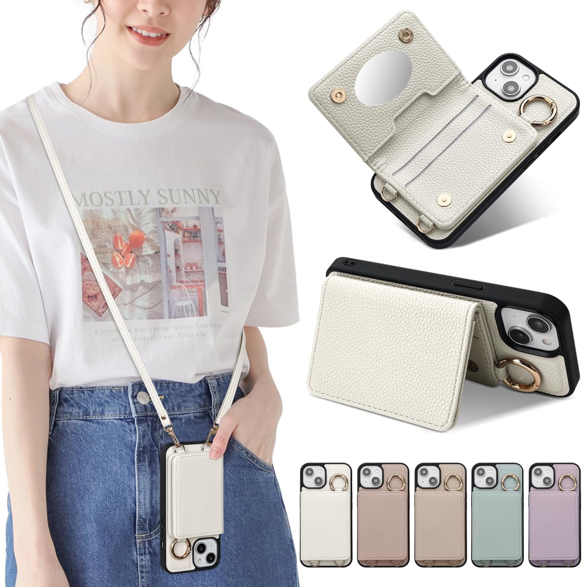 Sences iPhone 16 PLUS スマホケース iPhone 16 PLUS ケース 手帳型 ショルダー アイフォン 16 PLUS スマホケース 手帳型 カード収納 iPhone 16 PLUS 携帯ケース 手帳型 肩掛け 斜めかけ ストラップ付き 落下防止 アイフォン 16 PLUS ケース カード入れ 背面収納（iPhone 16