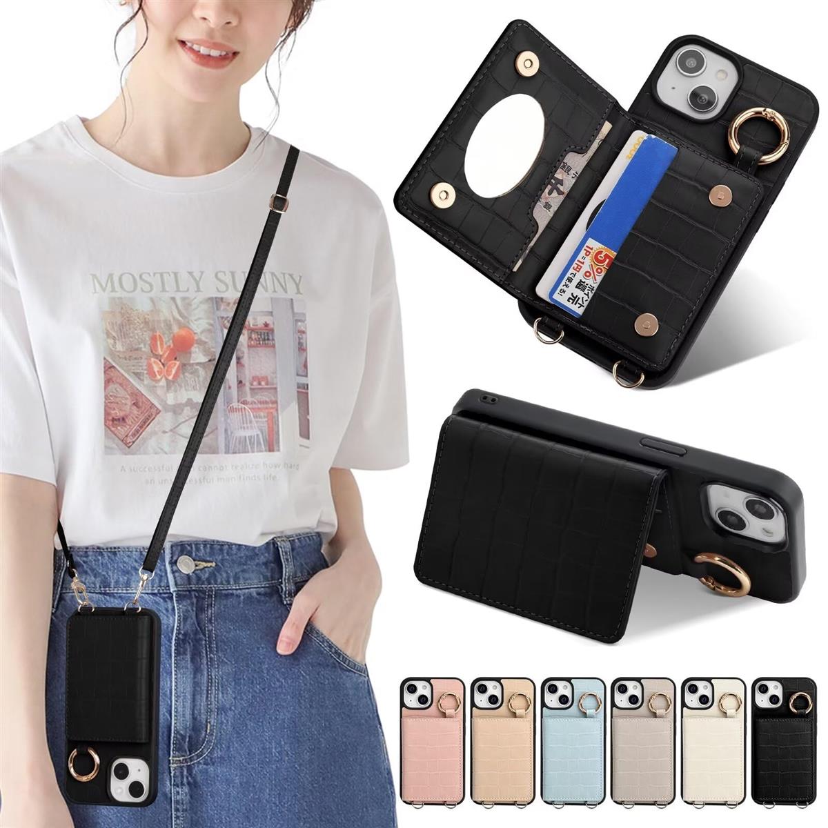 Sences iPhone 14 スマホケース iPhone 14 ケース 手帳型 ショルダー クロコ風型押し アイフォン 14 スマホケース 手帳型 カード収納 iPhone 14 携帯ケース 手帳型 肩掛け 斜めかけ ストラップ付き アイフォン 14 ケース カード入れ 背面収納 携帯ケース 手帳 お財布付 ポケ