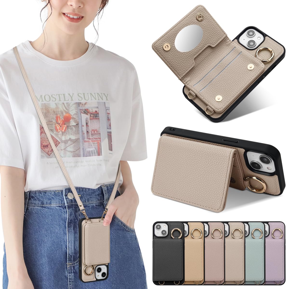 Sences iPhone 16 PROMAX スマホケース iPhone 16 PROMAX ケース 手帳型 ショルダー アイフォン 16 PROMAX スマホケース 手帳型 カード収納 iPhone 16 PROMAX 携帯ケース 手帳型 肩掛け 斜めかけ ストラップ付き 落下防止（iPhone 16 PROMAX (6.9")アプリコット）