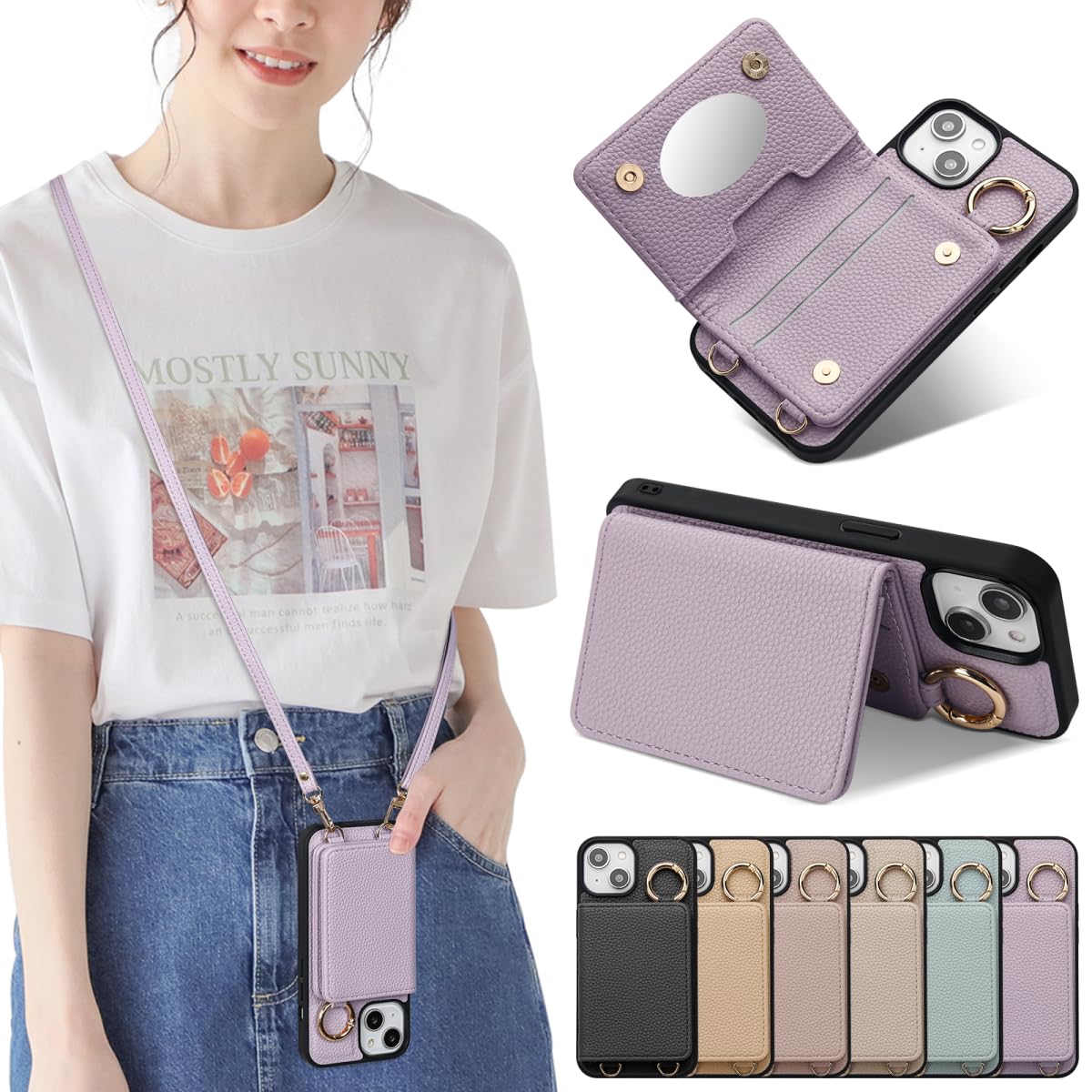 Sences iPhone 16 PROMAX スマホケース iPhone 16 PROMAX ケース 手帳型 ショルダー アイフォン 16 PROMAX スマホケース 手帳型 カード収納 iPhone 16 PROMAX 携帯ケース 手帳型 肩掛け 斜めかけ ストラップ付き 落下防止（iPhone 16 PROMAX (6.9")ラベンダーグレイ）