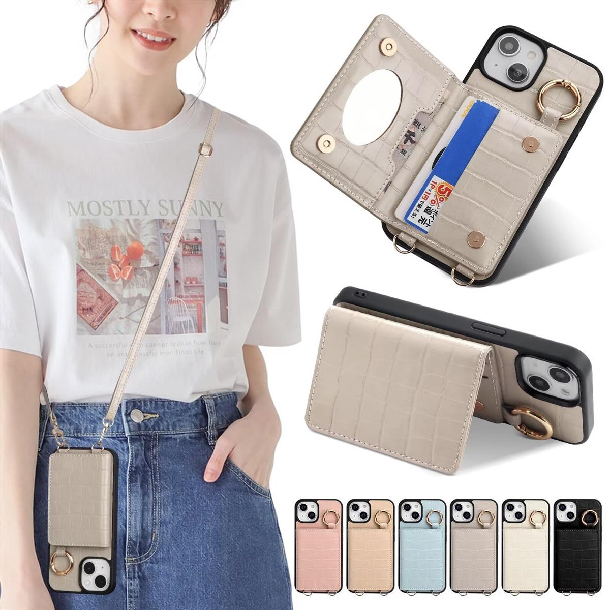 Sences iPhone 12 スマホケース iPhone 12PRO ケース 手帳型 ショルダー クロコ風型押し アイフォン 12 スマホケース 手帳型 カード収納 iPhone 12PRO 携帯ケース 手帳型 肩掛け 斜めかけ ストラップ付き アイフォン 12 ケース カード入れ 背面収納 ポケット付き 鏡付き（iPh