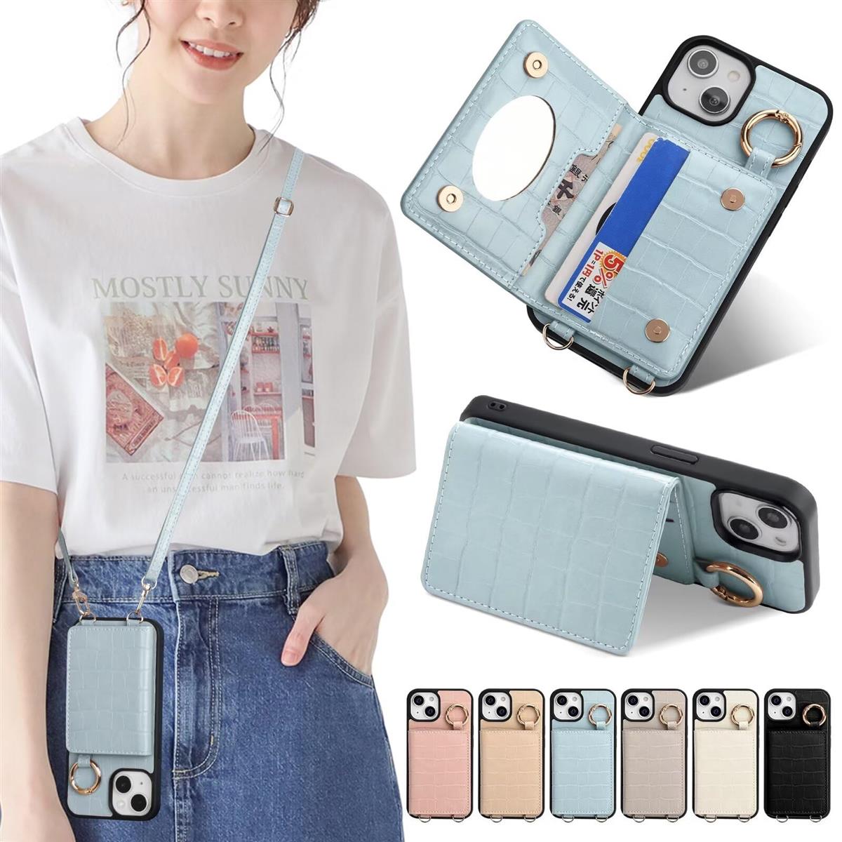 Sences iPhone 16 PLUS スマホケース クロコ柄 iPhone 16 PLUS ケース 手帳型 ショルダー クロコ風型押し アイフォン 16 PLUS スマホケース 手帳型 カード収納 iPhone 16 PLUS 携帯ケース 手帳型 肩掛け 斜めかけ ストラップ付き ポケット付き 鏡付き（iPhone 16 PLUS (6.7")