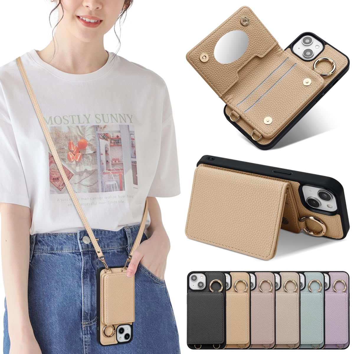 Sences iPhone 16 PLUS スマホケース iPhone 16 PLUS ケース 手帳型 ショルダー アイフォン 16 PLUS スマホケース 手帳型 カード収納 iPhone 16 PLUS 携帯ケース 手帳型 肩掛け 斜めかけ ストラップ付き 落下防止 アイフォン 16 PLUS ケース カード入れ 背面収納（iPhone 16