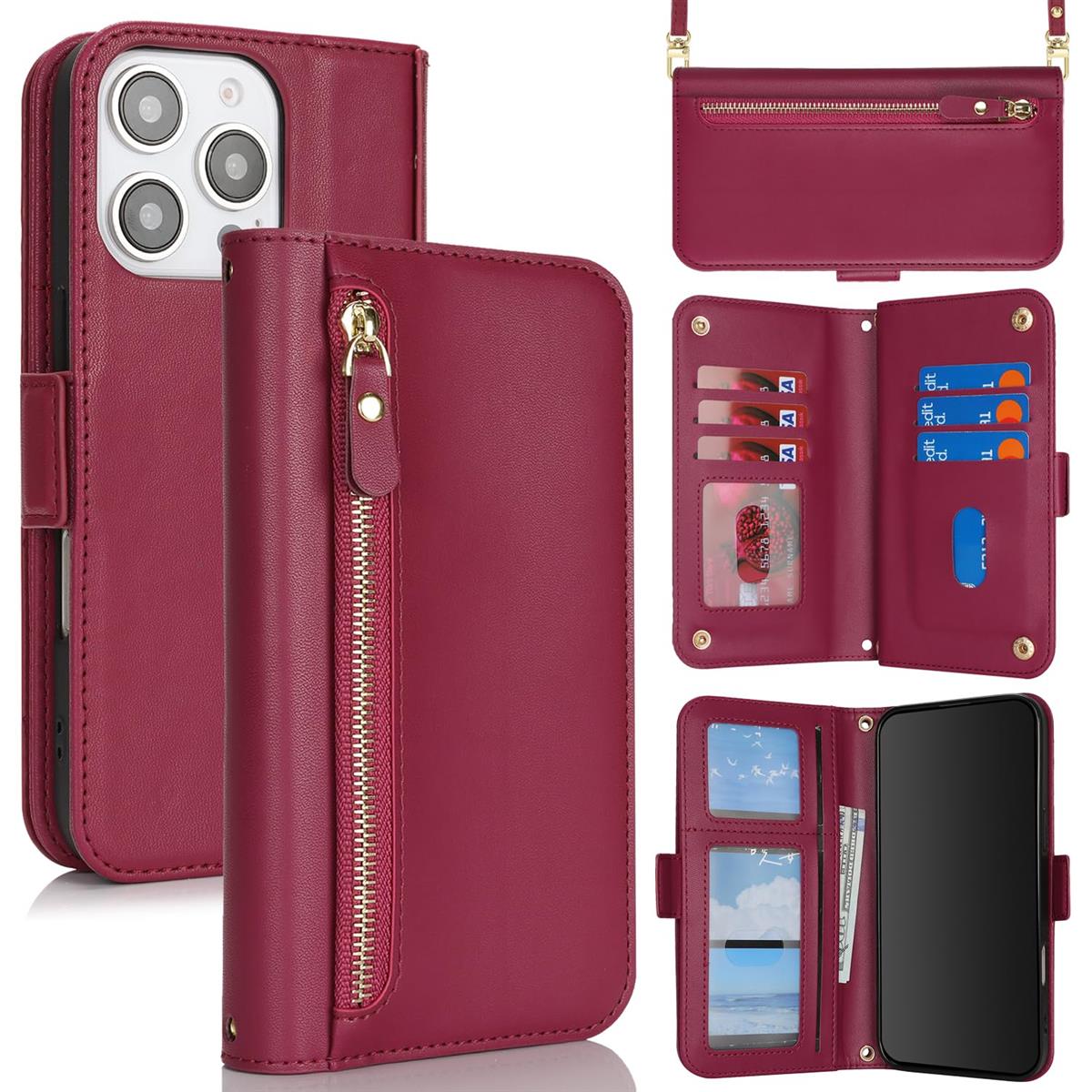 for iPhone 16 Pro ケース アイホン 16Pro 肩がけ 首掛け 斜め掛け ファスナー ストラップ付き ショルダーケース 手帳型 CASE カバー SunYoo カード収納 横置き スタント PUレザー 財布型 for iPhone16 Pro レッド