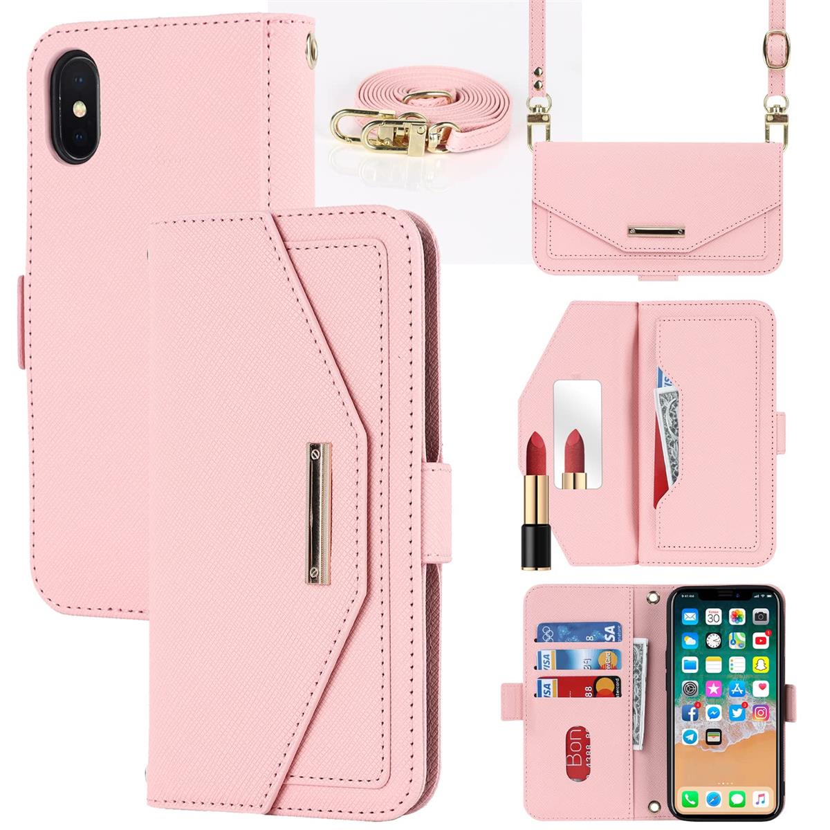 for iPhone XS/iPhone X ケース 通用 手帳型 アイフォンXS/X 財布型 携帯カバー バッグ マグネット留め具 肩がけ 首掛け 斜め掛け カードケース SunYoo Case カード収納 横置き スタント PUレザー for iPhoneXS iPhoneX ピンク