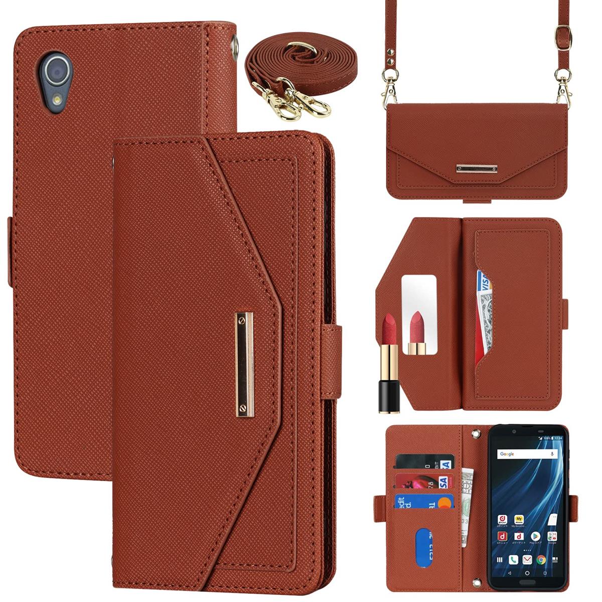 AQUOS sense2 SHV43 SH-01L SH-M08 ケース 手帳型 Android One S5 財布型 通用 携帯カバー バッグ マグネット留め具 肩がけ 首掛け 斜め掛け カードケース SunYoo Case カード収納 横置き スタント PUレザー ブラウン
