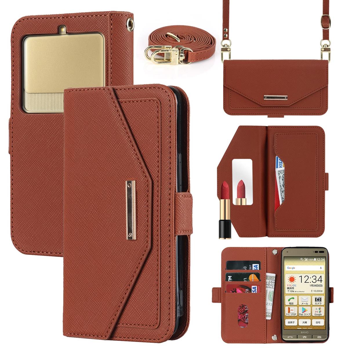 for KYV43 BASIO 3 ケース 手帳型 KYOCERA BASIO 3 KYV 43 財布型 通用 携帯カバー バッグ マグネット留め具 肩がけ 首掛け 斜め掛け カードケース SunYoo Case カード収納 横置き スタント PUレザー for BASI O3 KYV43 ブラウン