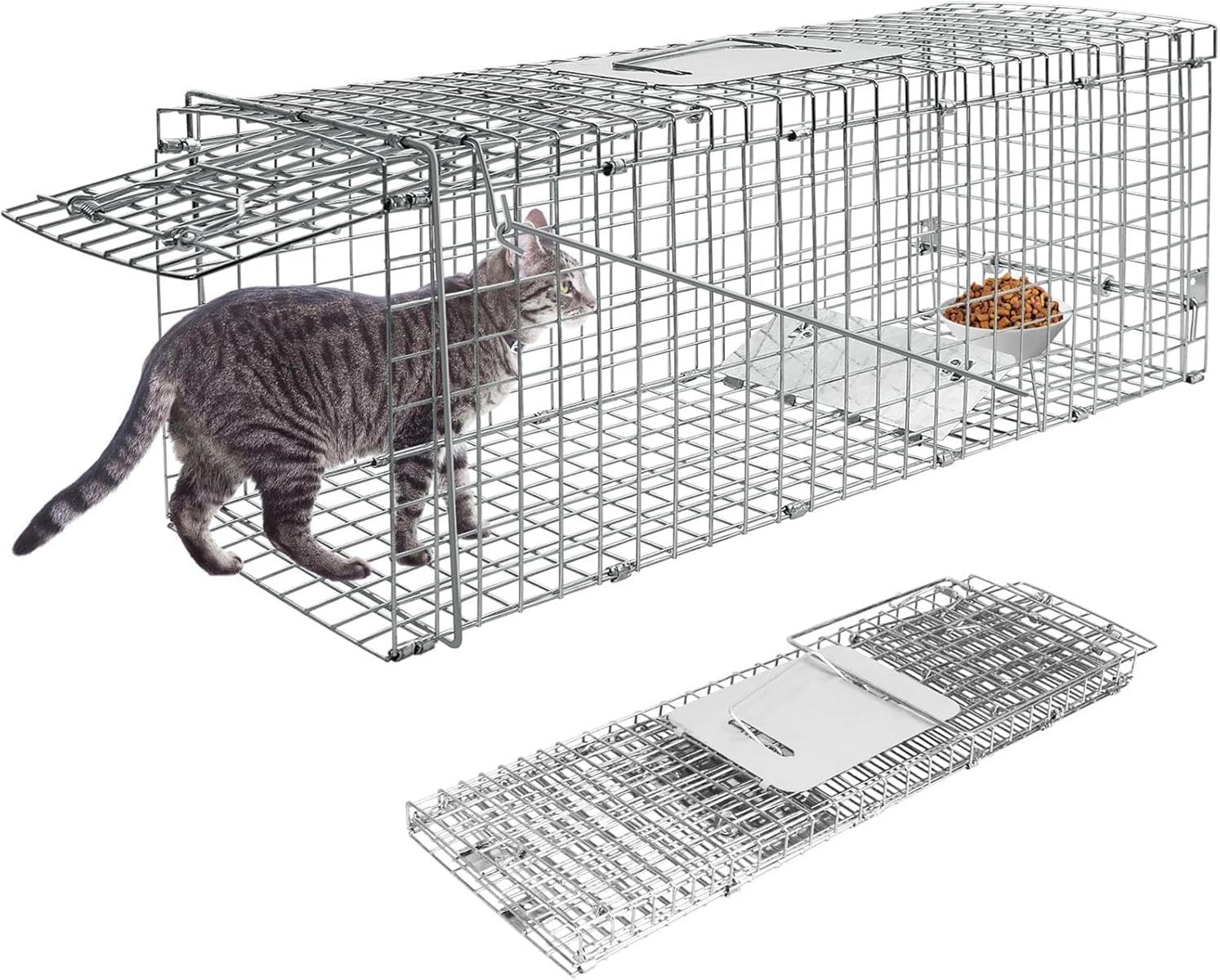 さえだ 捕獲器 猫 動物用 保護器 踏み板式 猫捕獲器 66×26×23cm 猫の保護器 野良猫 迷子猫 小動物 保護 害獣駆除 農業作物保護 簡単組立 設置 畑 庭 家庭菜園 農業作物保護 野良猫 ねこ 保護かご 猫 安全 サイズ (シルバー)