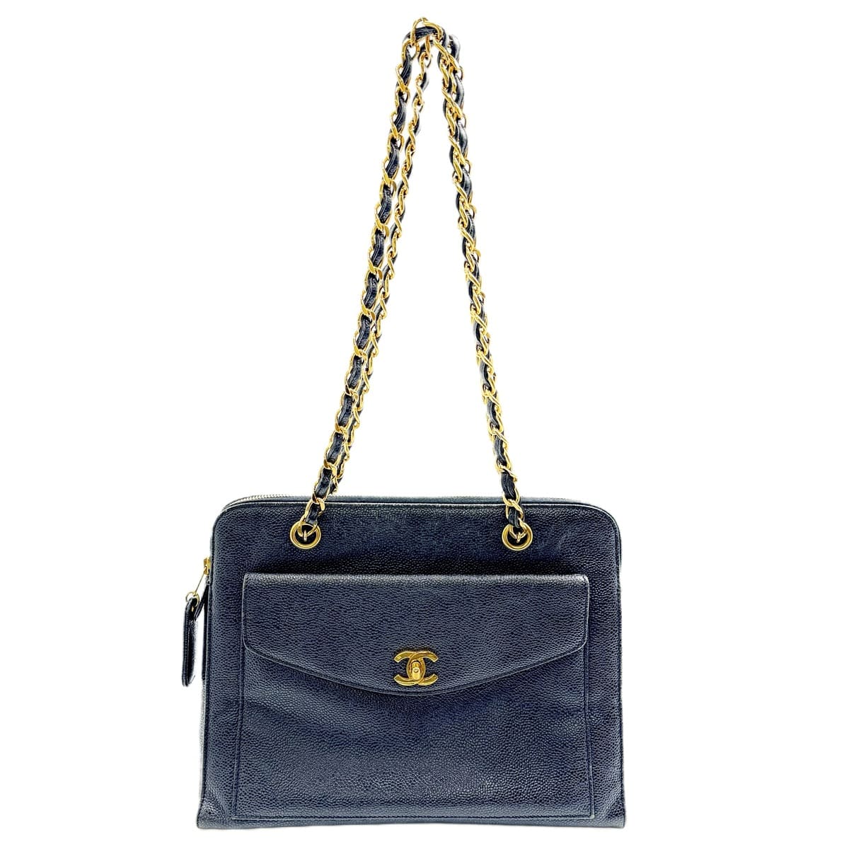 CHANEL - 【中古】CHANEL シャネル チェーントートバッグ キャビアスキン ブラック