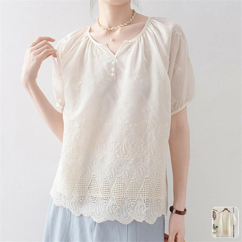 Rakuten - ブラウス シャツ 刺繍 レディース トップス 半袖 刺しゅうシャツ vネック プルオーバー きれいめ ゆったり 大きいサイズ 体型カバー 春 夏