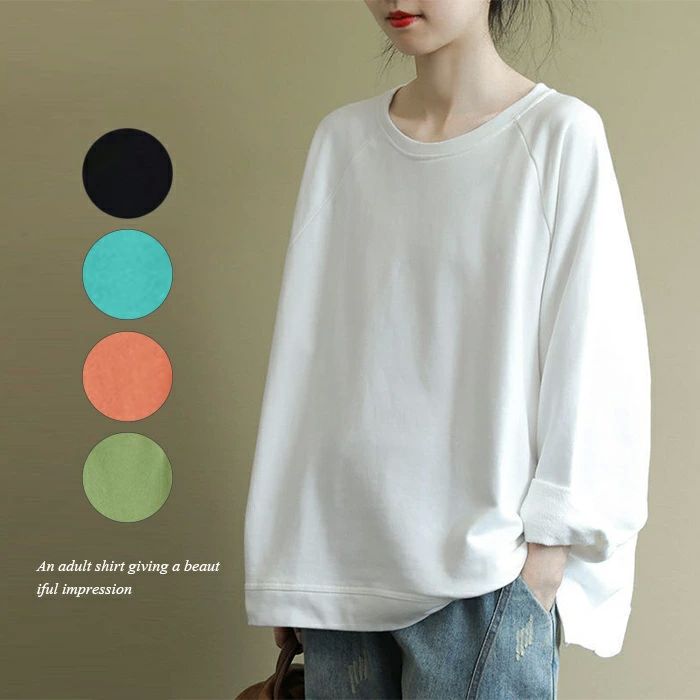 長袖Tシャツ レディース ブラウス おしゃれ 春秋 Tシャツ 長袖 ゆったり リブ プルオーバー パーカー 丸首 ドロップショルダー 袖折り..