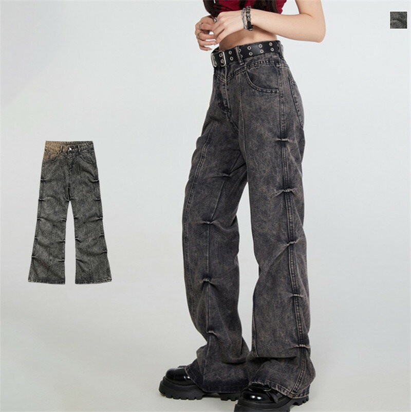 Rakuten - デニムパンツ パンツ レディース ボトムス ズボン ロングパンツ 長ズボン ロング丈 膝下 ひざ下 デニムパンツ デニム ストレートパンツ タック 個性派 ストレートデニムパンツ