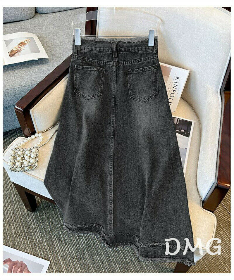 デニム スカート ロング レディース おしゃれ ロンスカ オールシーズン 春夏秋冬 黒 ブルー 伸縮性 ストレッチ ポケット 裾フリンジ ストレッチ