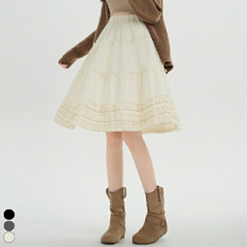 【短納期】韓系ムールエッジスタイルのミッドスカート 2025秋冬新作 ハイウェストで痩せ見え、肉を隠すボリュームあるケーキスカート