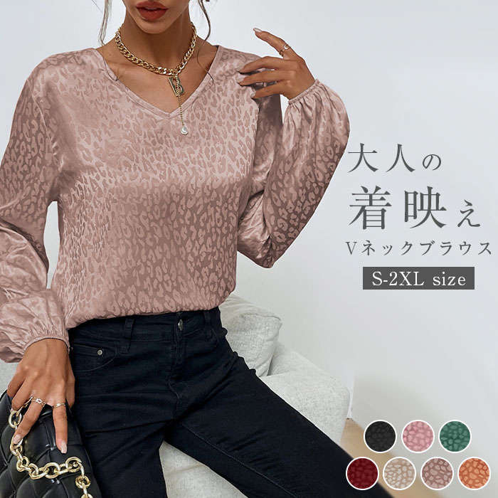 Rakuten - ブラウス レディース Vネック 春 秋トップス ヒョウ柄 長袖 総柄 シフォン フェミニン 着回し シンプル おしゃれ 大人 カジュアル こなれ感 早春 きれいめ お洒落 華やか オフィス フォーマル ビジネス 通勤 OL