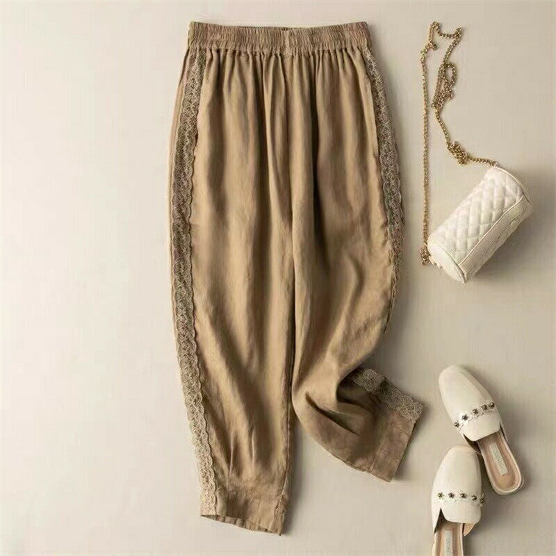 パンツ リネンパンツ レディース 綿100％ パンツ レディース リネンパンツ 9分丈 ハイウエスト レース 綿パンツ ロングパンツ 無地 おしゃれ ロング丈 着回し ゆったり 体型カバー カジュアル 大きいサイズ リネン ウエストゴム コットン シンプル 30代 40代 50代(4.0)