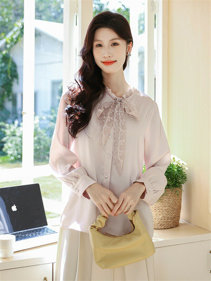 イープリンセスのリボン ブラウス ボウタイ 長袖 レディース トップス 春秋 おしゃれ きれいめ かわいい オフィス フォーマル シンプル 無地 シャツ リボン 大人可愛い 上品 OL オフィスカジュアル フェミニン 薄手 カフスボタン 通勤 卒業式 入学式 レトロ｜アングル2