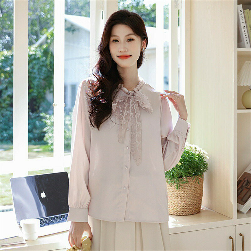 イープリンセスのリボン ブラウス ボウタイ 長袖 レディース トップス 春秋 おしゃれ きれいめ かわいい オフィス フォーマル シンプル 無地 シャツ リボン 大人可愛い 上品 OL オフィスカジュアル フェミニン 薄手 カフスボタン 通勤 卒業式 入学式 レトロ｜アングル3
