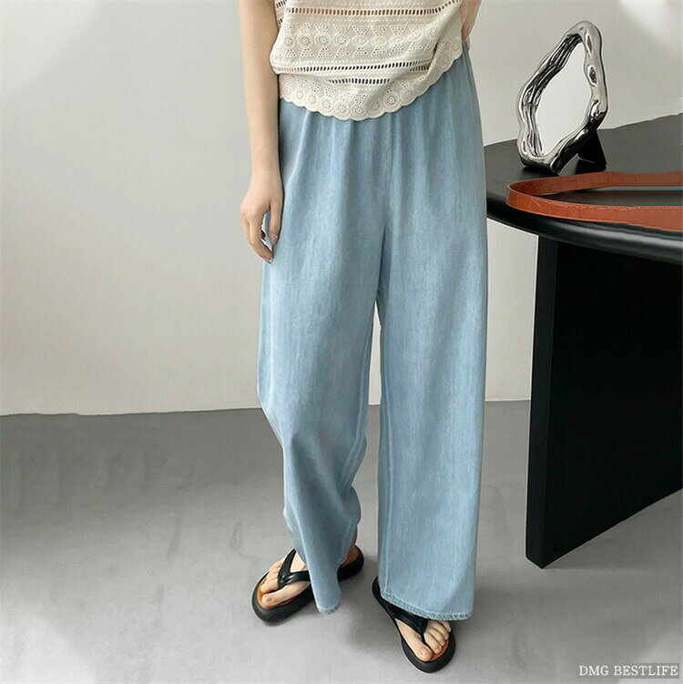 Rakuten - デニムパンツ ワイドパンツ レディース コットソ ストレッチ ワイド ロング丈 大きいサイズ 体型カバー ボトムス きれいめ 可愛い おしゃれ カジュアル 大人 薄手 無地 ワイルド 着痩せ ふんわり 30代 20代 40代 ネイビー 夏