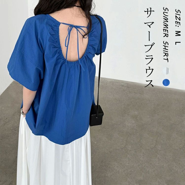 Rakuten - 半袖ブラウス おしゃれ レディース 夏 トップス ブラウス リボン シャツ サマーブラウス 春夏 半袖シャツ 綿100% 半袖 タック入り ラウンドネック フレア 切り替え 通気性 大きいサイズ 体型カバー 通勤 OL シンプル おしゃれ カジュアル 大人 ビジネス オフィス 薄手