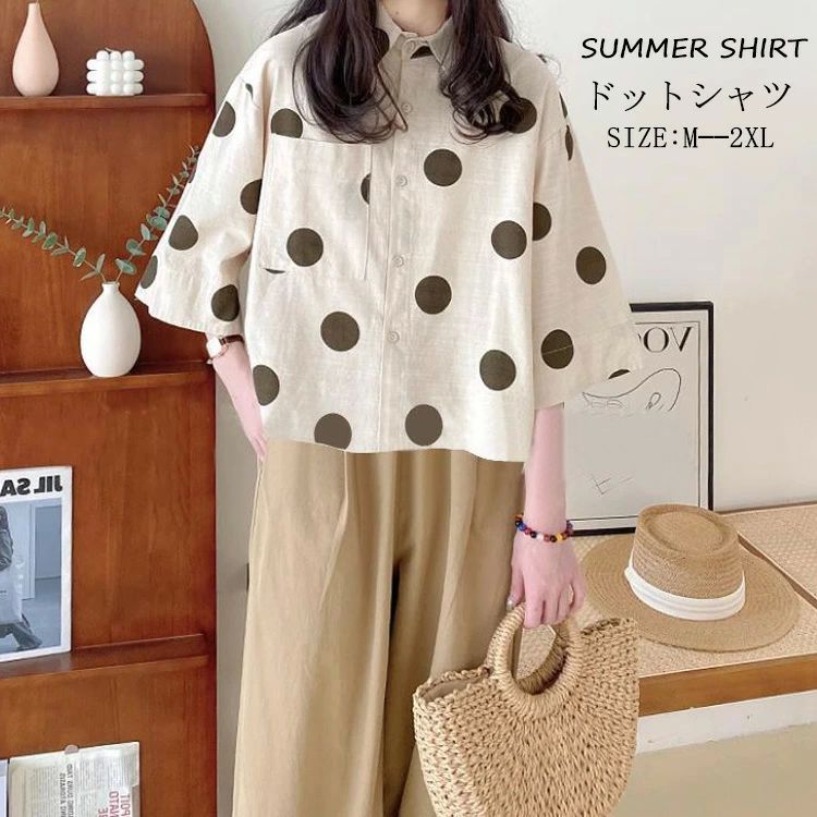 ドットシャツレディース半袖夏ブラウ...