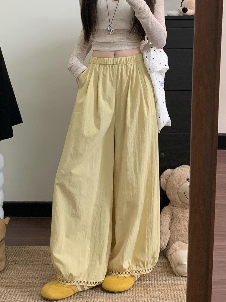Rakuten - ワイドパンツ バルーンパンツ レディース 秋 春 夏 コクーンパンツ ズボン ボトムス パンツ 大きいサイズ 九分丈 ゆったり レース裾 ナチュラル 体型カバー 切り替え ウエストゴム 着やせ 送料無料