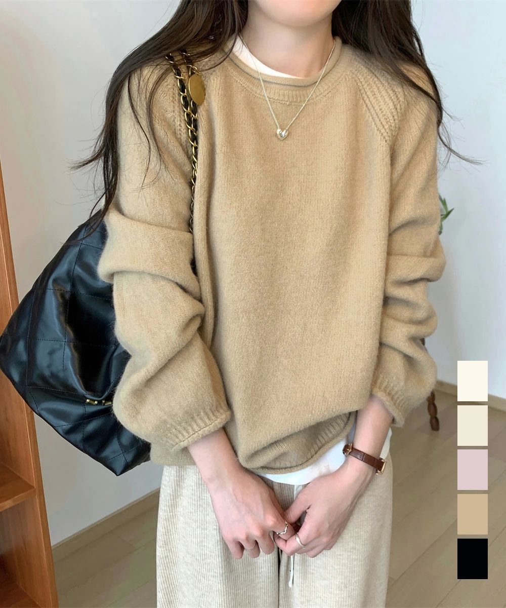 Crew Neck - セーター レディース ボリューム袖 無地 ニットプルオーバー クルーネック 大人 可愛い おしゃれ カジュアル ゆったり 体型カバー 着回し