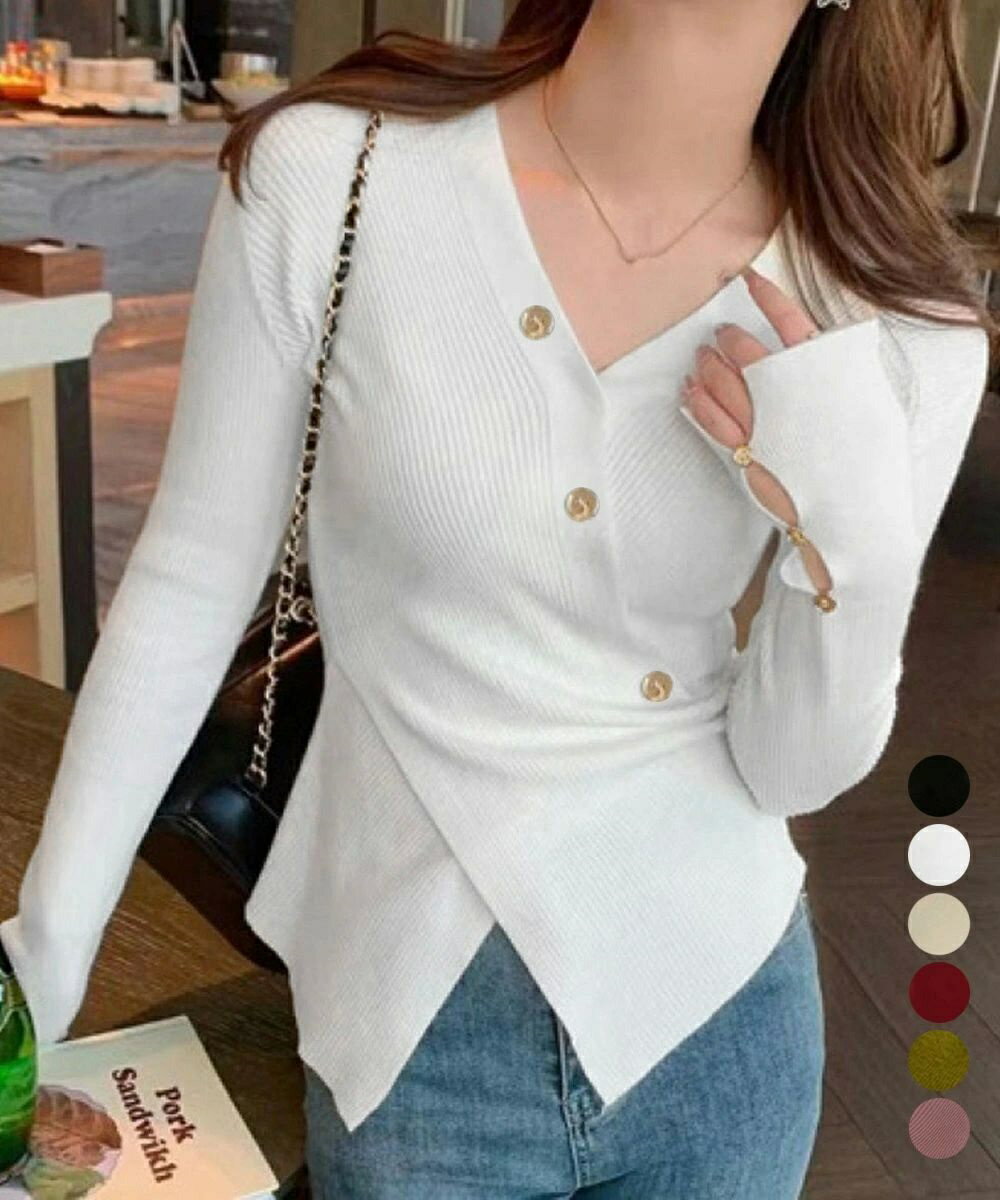 Rakuten - カシュクールニット トップス 韓国風セーター リブ ニットトップス レディース vネック ニット 着やせ タイトニット きれいめ ちくちくしない セーター プルオーバー トップス
