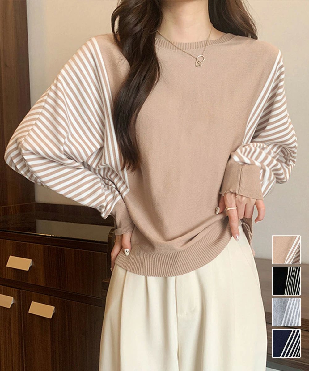 Boat Neck - ストライプ配色ドルマンニット体型カバー春 レディース ニットトップス 洗えるニットボートネック 着やせプルオーバーニット オフィスカジュアル ニットソー長袖 通勤