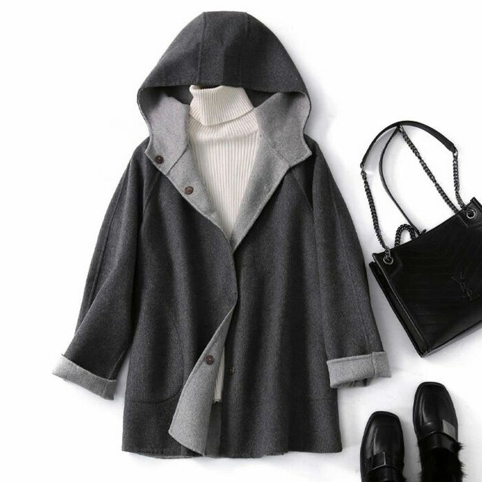 チェスターコート ウール90％ コート フード付き レディース ウールコート ダブルフェイス フードコー..