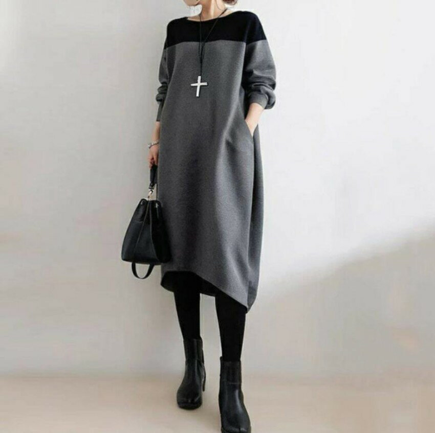 【8％OFFクーポンあり 12/1まで】ワンピース ロング レディース ロング ワンピース コクーンシルエット ワンピ ロング丈 クルーネック 配色 バイカラー 春 秋 冬 長袖 体型カバー 大きいサイズ シンプル ゆったり きれいめ お洒落 ガーリー