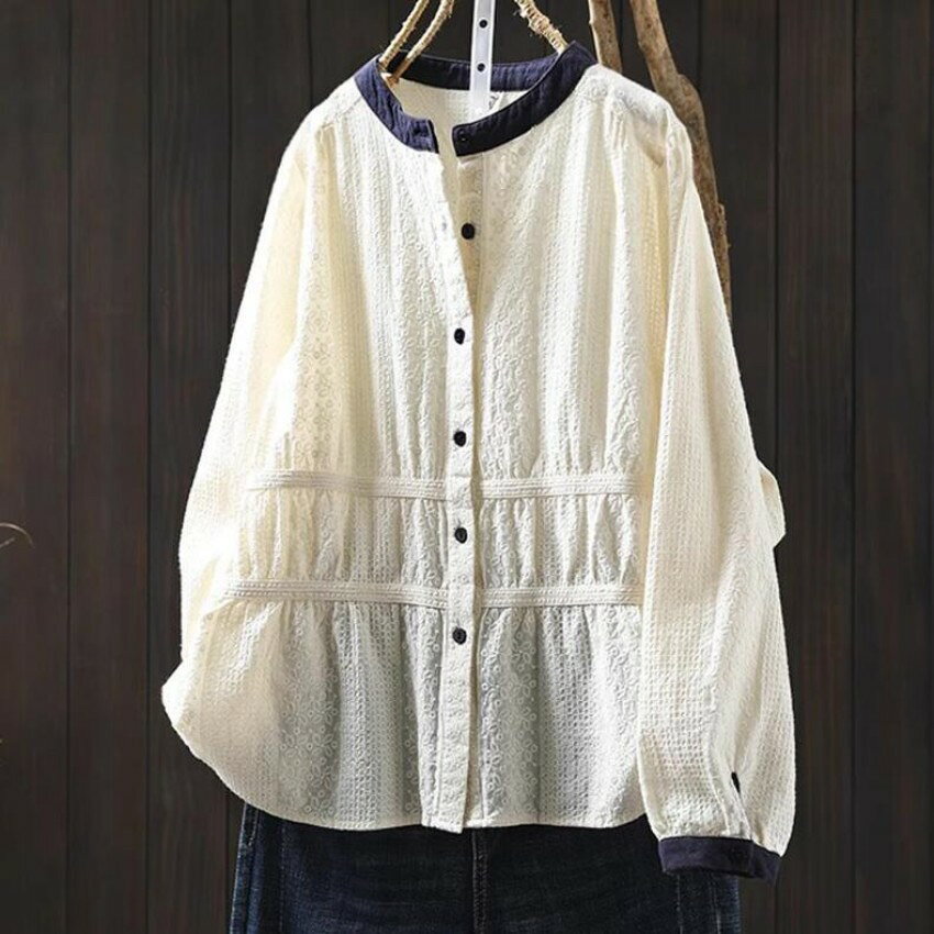 コットン ブラウス レディース 長袖 刺繍 花柄 シャツブラウス シャツ チュニック チュニックブラウス ミドル丈 綿 バンドカラー トップス 花柄刺? ナチュラル シンプル 前開き 大きいサイズ ゆったり 柔らか カジュアル 森ガール 大人可愛い 春 秋