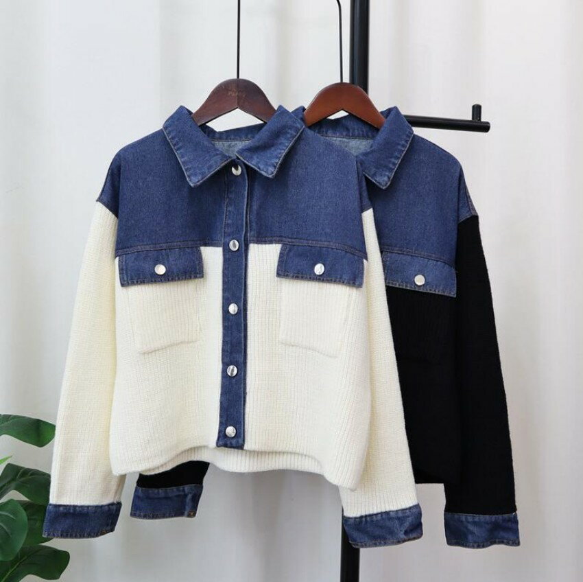 【ブラックフライデー15％OFFクーポン+P10】ニットカーディガン デニムコート デニム切り替え ジャケット カーディガン レディース 秋 春 長袖 アウター 大きいサイズ ゆったり 前開き トップス 羽織 上品 暖か きれいめ ゆったり カジュアル 森ガール ナチュラル