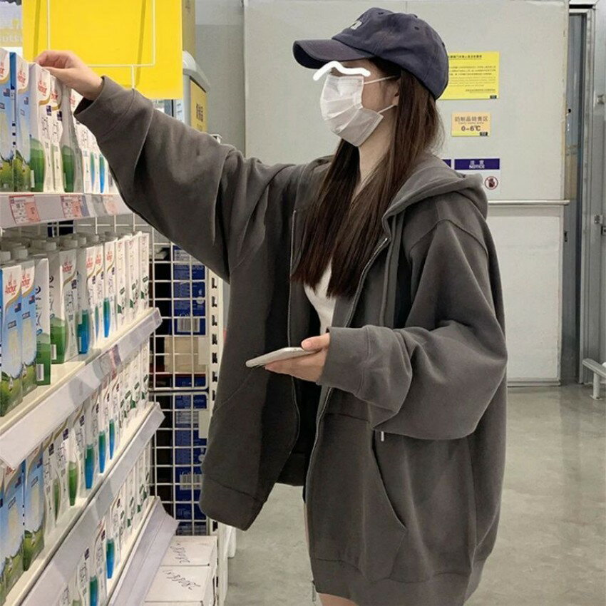 Coat - パーカー レディース 秋 スウェット カーディガン トレーナー トップス カジュアル ジャケット 春 秋 ライトコート 羽織り ビッグシルエット スタジャン 大きいサイズ アウター ゆったり 体型カバー 着痩せ 30代 40代 ファスナー ポケット 黒