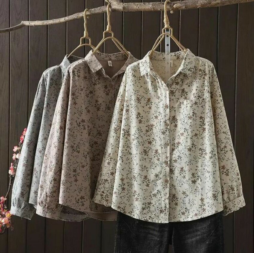 Rakuten - 花柄シャツ 長袖 レディース 花柄 シャツブラウス 綿 前開き コットン 総柄 フラワー トップス 秋服 長袖シャツ カジュアル ナチュラル 柔らか 大きいサイズ ゆったり 肌に優しい 大人 可愛い きれいめ 着痩せ 体型カバー ベージュ グレー 春 秋