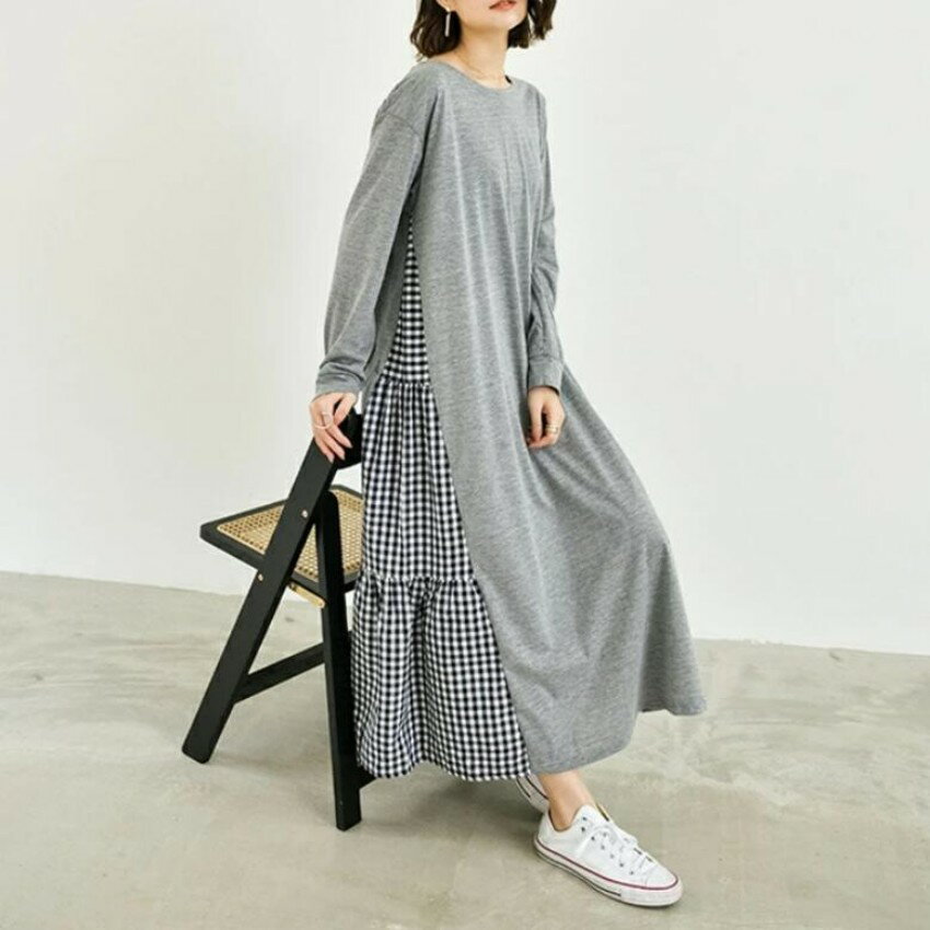 Rakuten - ワンピース レディース 秋 きれいめ ロングワンピース 長袖 切り替えワンピース ロング丈 ドレス カジュアル チェック柄 大人 長袖ワンピース ゆったり Aライン 着痩せ お洒落 フェミニン 美脚 体型カバー 楽ちん こなれ感 春 クルーネック フレア グレー ブラック