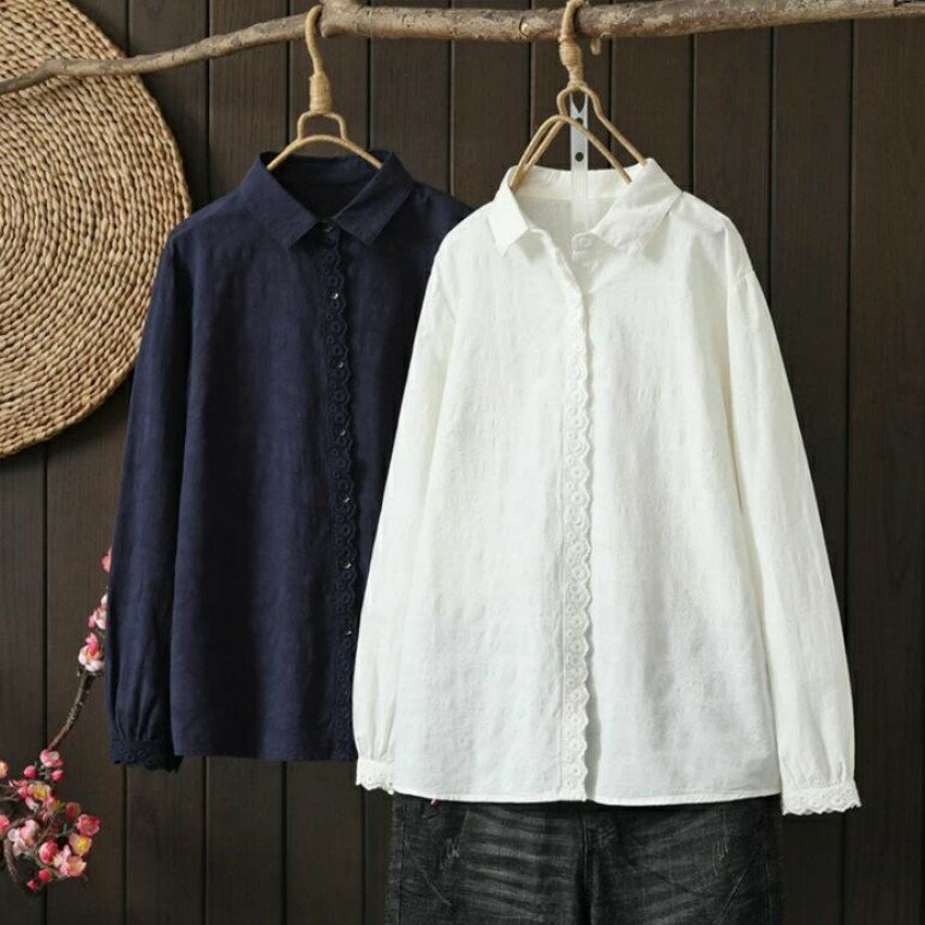 Rakuten - シャツ 長袖シャツ レディース ブラウス シャツブラウス 長袖 春秋 綿シャツ 白シャツ 綿 コットン 白 紺色 トップス 重ね着 可愛い 前開き オフィス ナチュラル ゆったり 体型カバー おしゃれ きれいめ 仕事 通勤 OL 森ガール