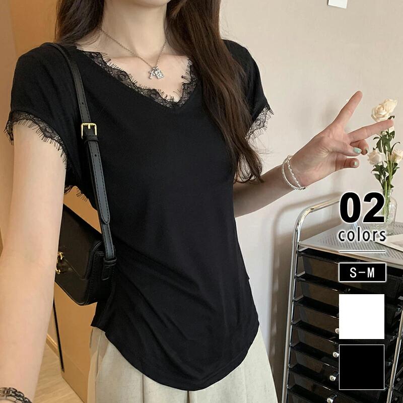 Rakuten - レースカットソー レース 半袖 カットソー Vネック レディース tシャツ ラウンドヘム レース インナー トップス 重ね着 レイヤード 袖レース 無地 半袖カットソー プルオーバー 薄手 レイヤードインナー VネックTシャツ 春 夏
