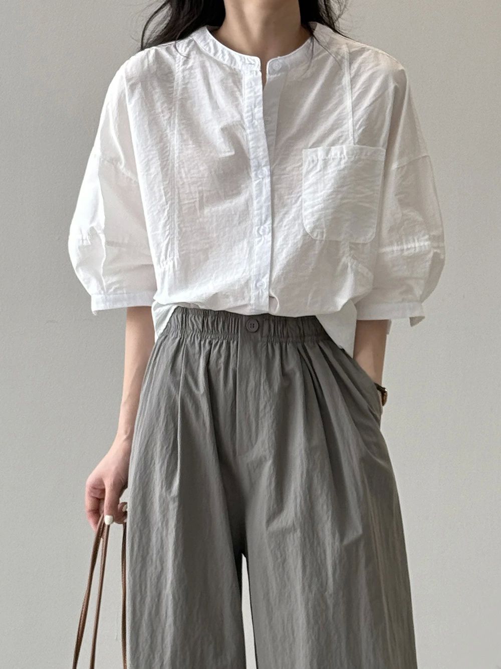 Sleeveless - 半袖シャツ レディース シャツ 五分袖 夏 チュニック ブラウス シャツブラウス 白シャツ 半袖 クルーネック 5分袖 無地シャツ 前後差有り 体型カバー 前開き 綿シャツ カジュアル風 キレイめ