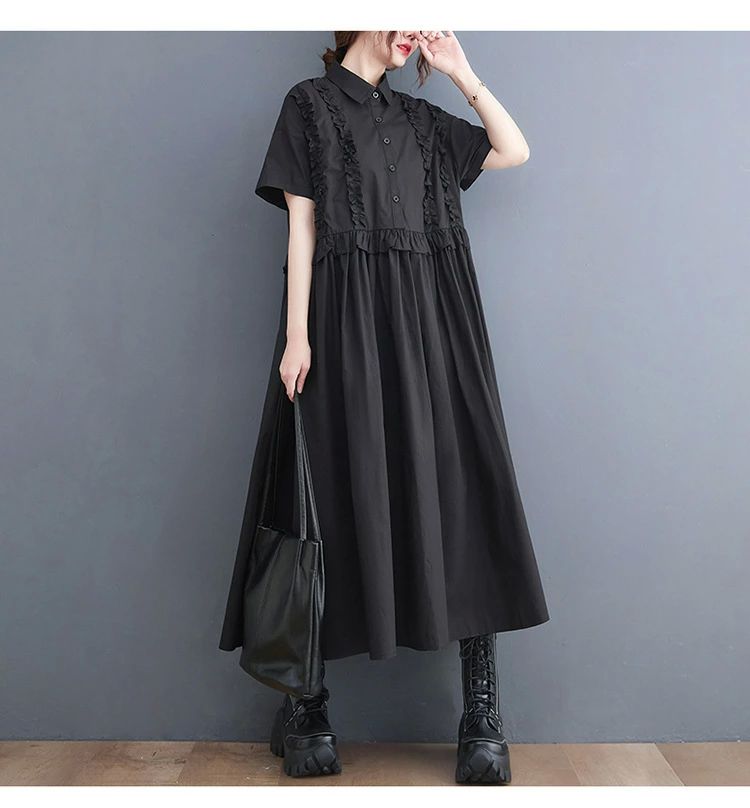 シャツワンピース 半袖 切替ワンピース ロングワンピース レディース 夏 Aライン ロング丈 シャツワンピ フリル付き ギャザー ワンピース 大きいサイズ ゆったり 体型カバー ロングワンピ カジュアル キレイめ 着痩せ 通勤 送料無料