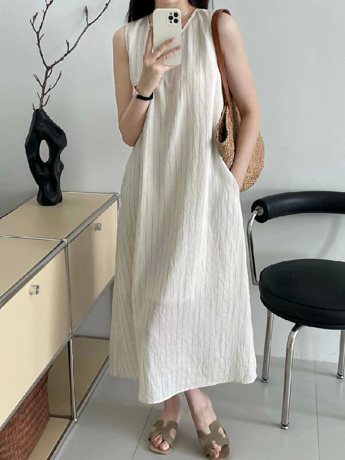 ワンピース ノースリーブ ストライプ レディース 春 夏 秋 バックシャン ワンピース ノースリーブ ロング丈 ゆったり 体型カバー 女性 お呼ばれ 可愛い 大きいサイズ おしゃれ ゆったり カジュアル ナチュラル 着痩せ 上品 リゾート